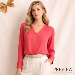 Preview Collection Silk Blouse Coral Pink Button Front Size Large